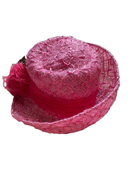 Vintage Rose Nemours Hat Paris Floral Pink Raffia Tea Textured Basket Weave